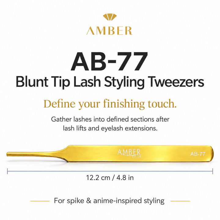 Amber Lash AB-77 gold blunt tip lash styling tweezers with a 12.2 cm length guide and spike and anime styling information.