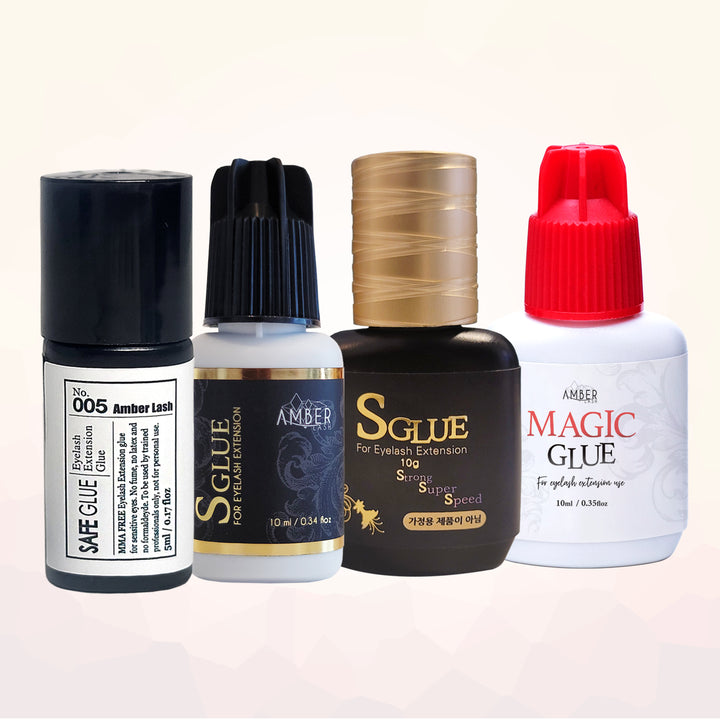 AMBER LASH "FIND THE RIGHT GLUE" BUNDLE: MAGIC GLUE 10ML + SGLUE 10ML + SGLUE PLUS 10ML + SAFE GLUE 5ML