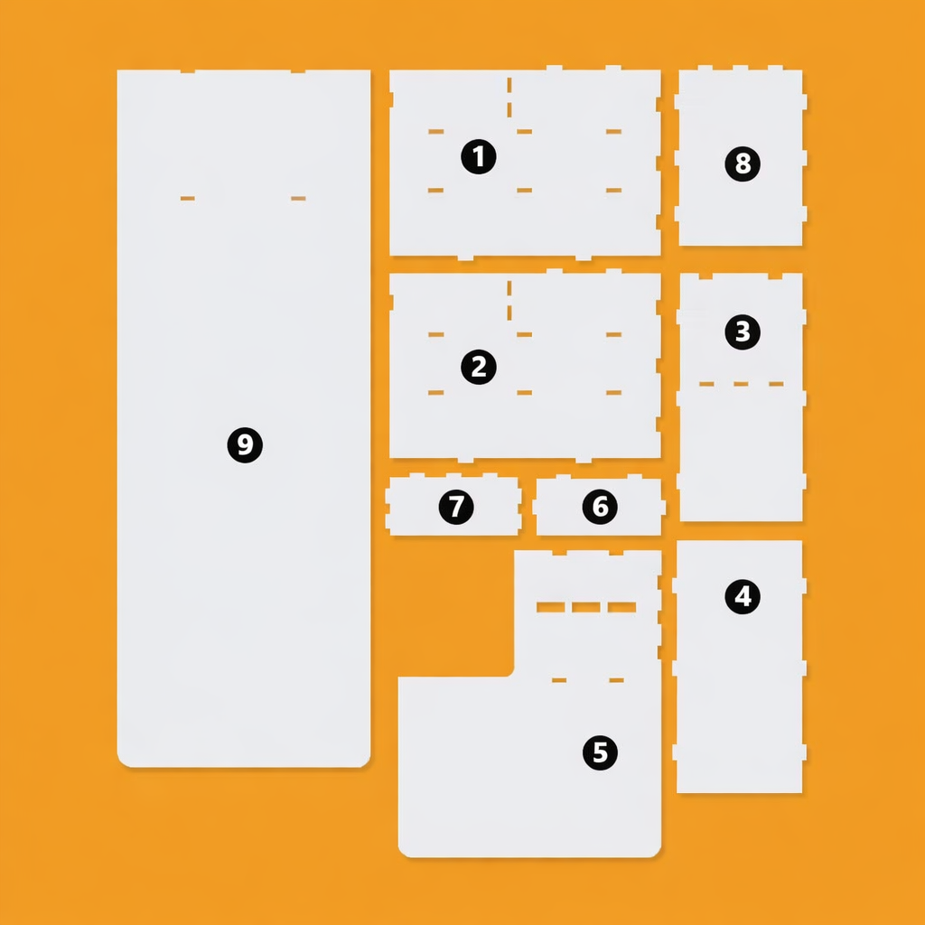 White acrylic lash pillow stand parts layout on amber background, numbered panels 1 through 9