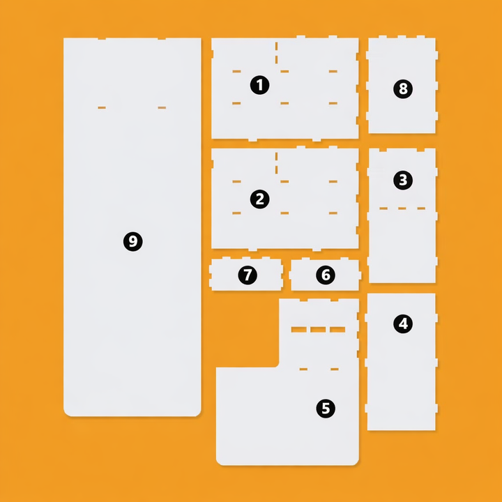 White acrylic lash pillow stand parts layout on amber background, numbered panels 1 through 9