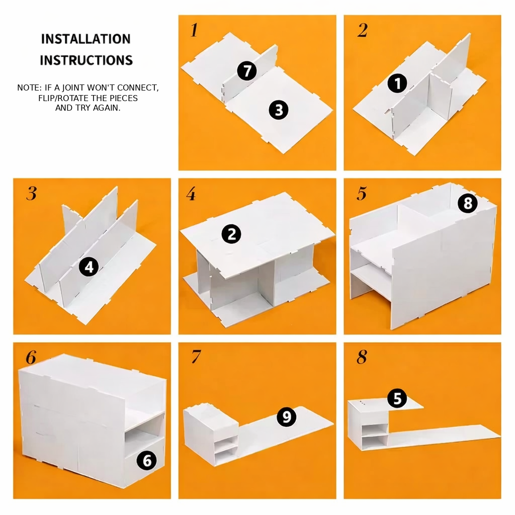 Step-by-step installation guide for white acrylic lash pillow stand on amber background, showing assembly steps 1 to 8 with numbered parts