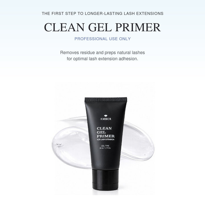 Amber Lash Clean Gel Primer with transparent gel texture for professional lash extension preparation.