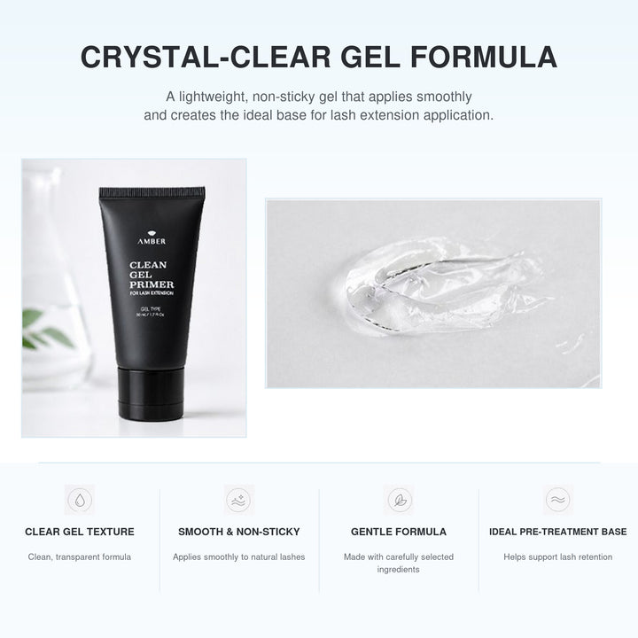 Amber Lash Clean Gel Primer beside a clear gel swatch with four professional lash prep benefits.