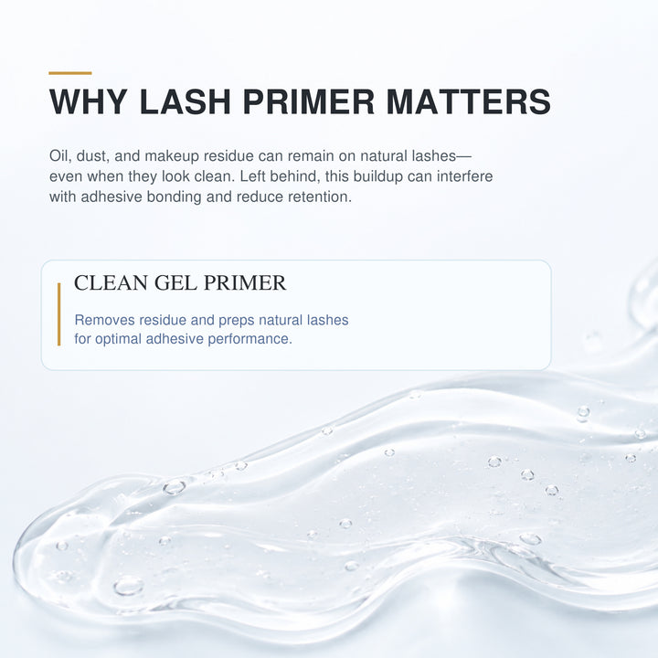 Clean Gel Primer removes oil, dust, and makeup residue before lash adhesive application.
