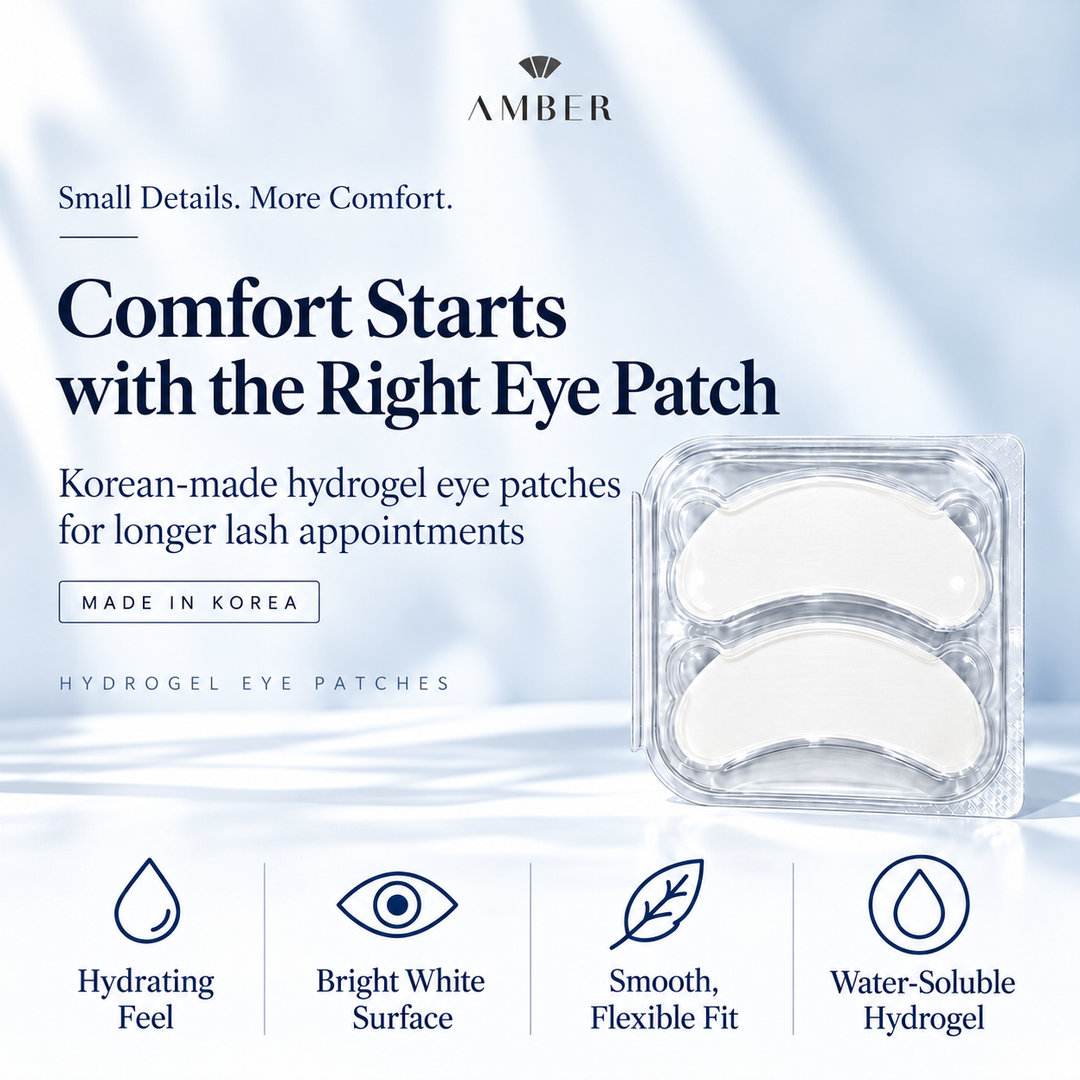 Amber Lash Magic hydrogel eye patches in a clear case with four feature icons and Made in Korea text.