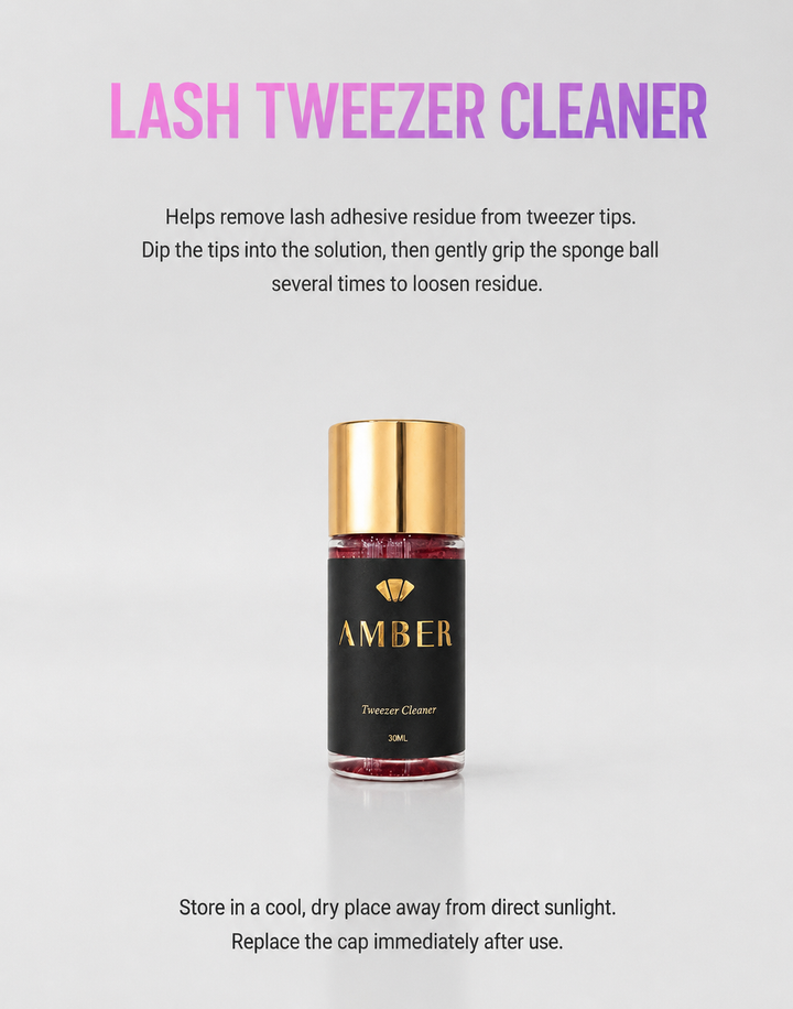 Amber Lash 30 mL lash tweezer cleaner with directions for removing adhesive residue and proper storage.
