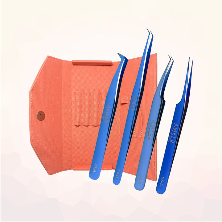 Amber Lash Blue 4 Tweezers Set with Tweezer Case