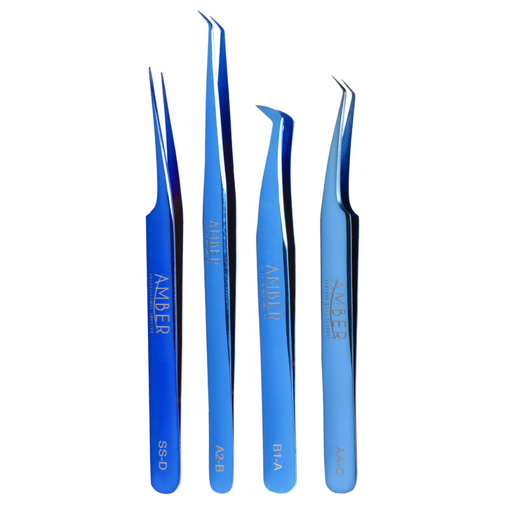 Amber Lash Blue 4 Tweezers Set with Tweezer Case