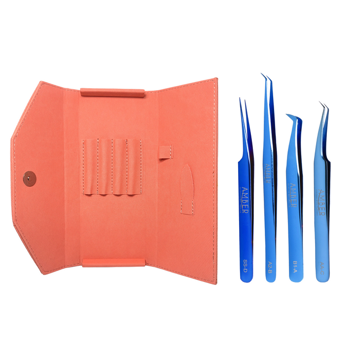 Amber Lash Blue 4 Tweezers Set with Tweezer Case