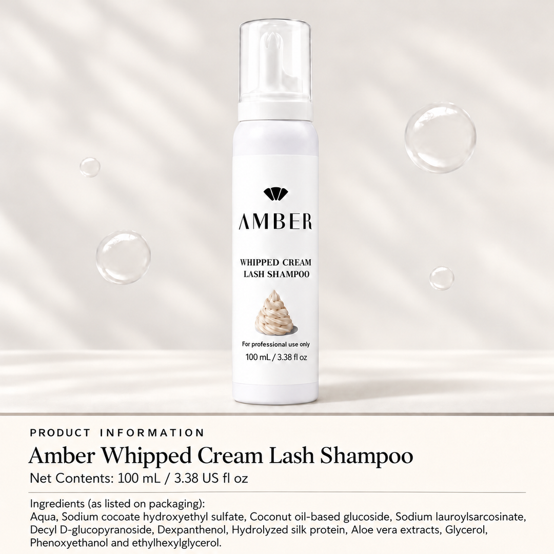 Amber Lash whipped cream lash shampoo bottle with English ingredient, volume and after-opening information.