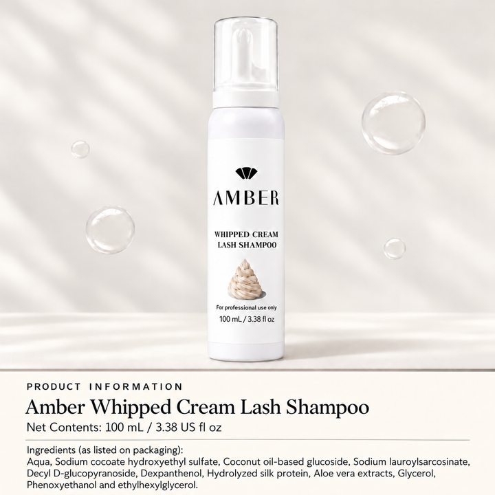 Amber Lash whipped cream lash shampoo bottle with English ingredient, volume and after-opening information.