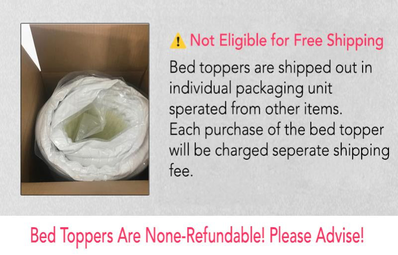Shipping and return policy notice for Amber Lash memory foam bed topper — heavy compressed item, non-returnable once opened due to hygiene and product characteristics.