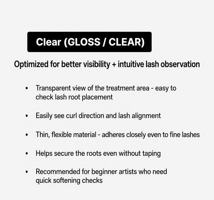 LASH FACTORY clear gloss silicone patch rods for better lash visibility and root softening control