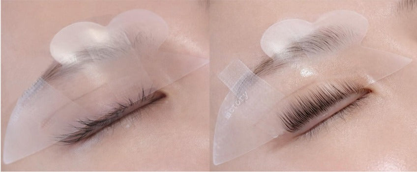 
Ultra-thin clear silicone lash lift patch rods showing root placement and lash alignment during treatment