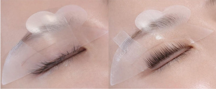 
Ultra-thin clear silicone lash lift patch rods showing root placement and lash alignment during treatment