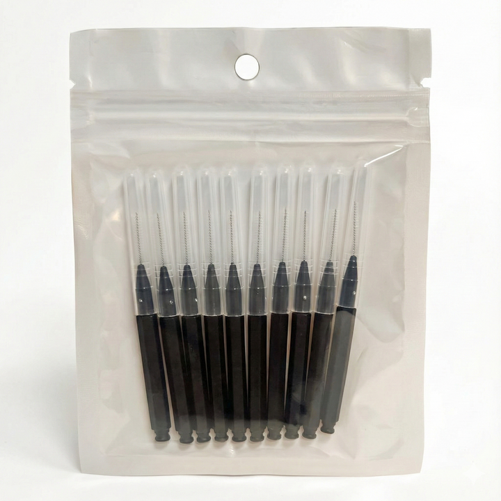 Bendable micro brow brush with cap for detailed brow lamination application