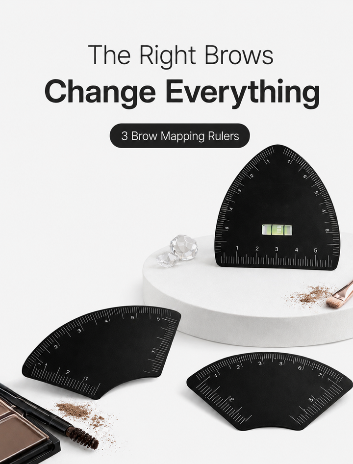 Bubble level brow mapping ruler set for creating balanced, symmetrical eyebrow designs