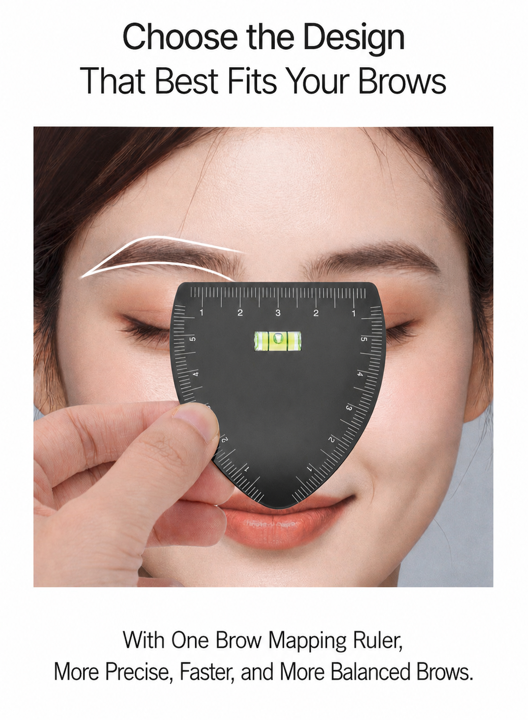 Brow mapping ruler with built-in bubble level used to choose the best eyebrow shape