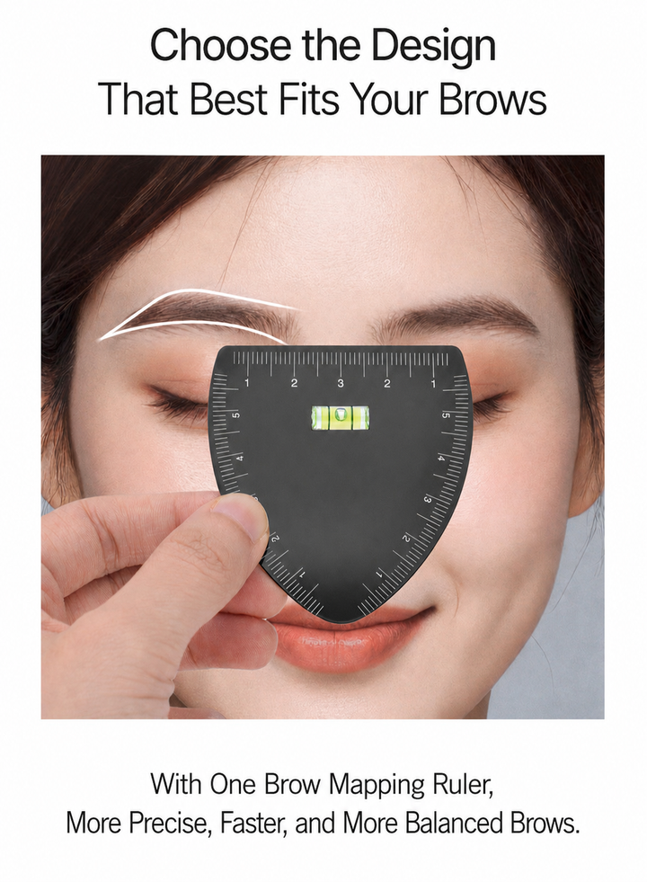 Brow mapping ruler with built-in bubble level used to choose the best eyebrow shape