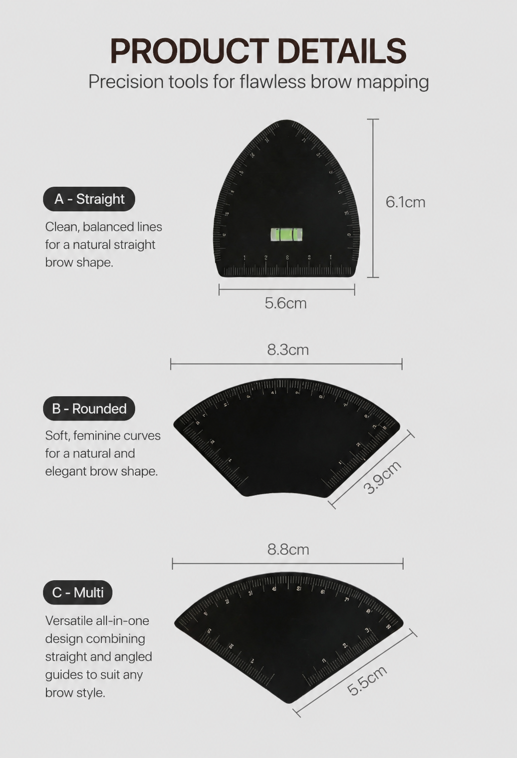 Brow mapping ruler product details with A straight, B rounded, and C multi size guide