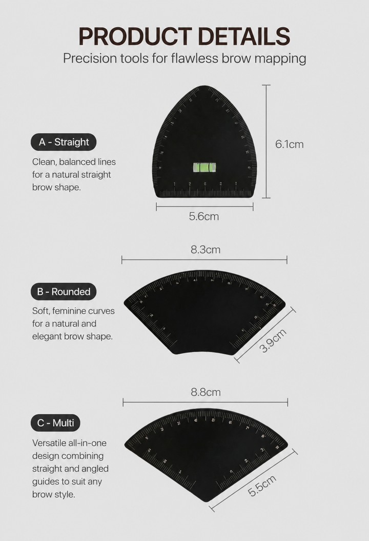 Brow mapping ruler product details with A straight, B rounded, and C multi size guide