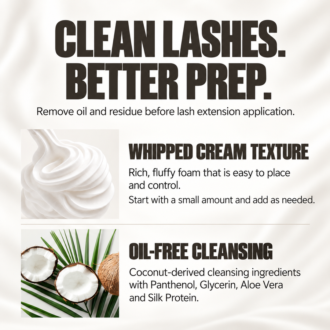 White whipped foam and coconut imagery highlighting the texture and oil-free formula of Amber Lash lash shampoo.