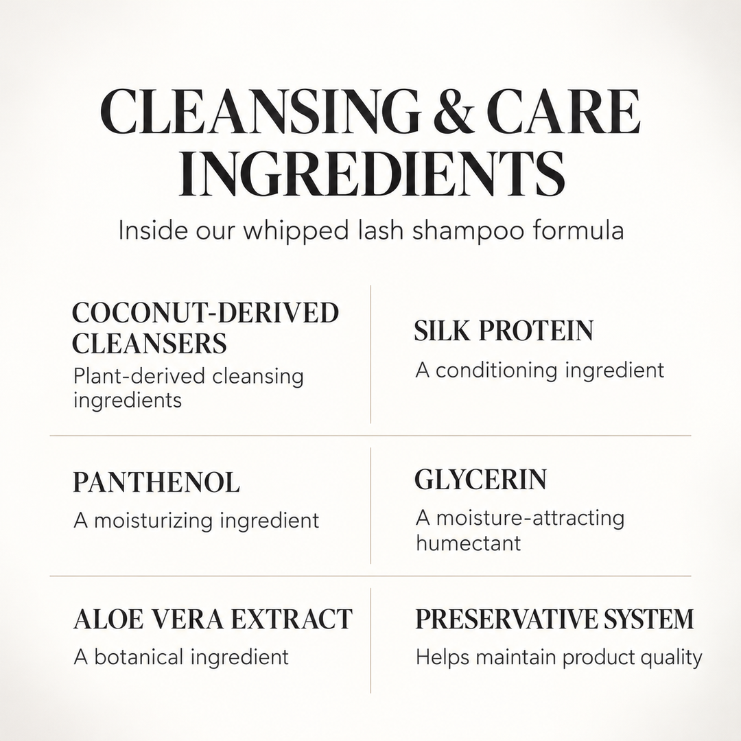 Amber Lash shampoo ingredient guide featuring coconut-derived cleansers, silk protein, panthenol, glycerin and aloe vera.