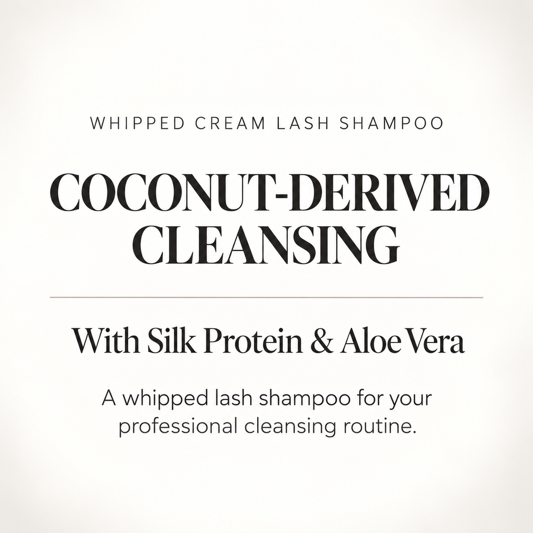 Coconut, aloe vera and white whipped foam on ivory fabric, illustrating Amber Lash lash shampoo ingredients and texture.