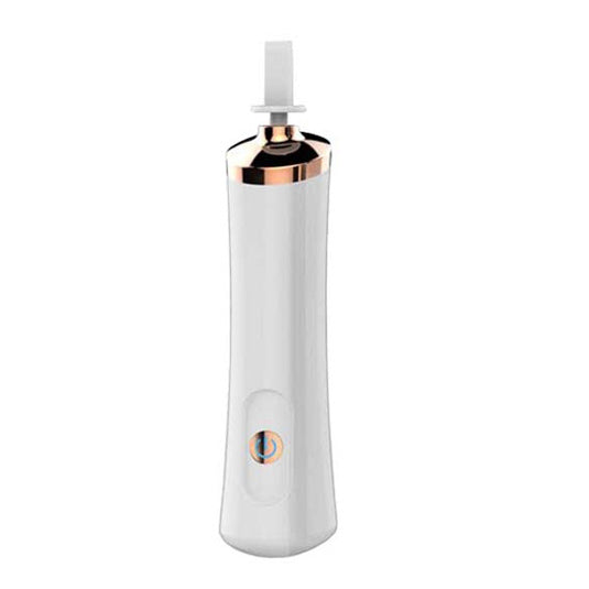 White rechargeable eyelash extension glue shaker with rose gold trim and a white bottle holder.