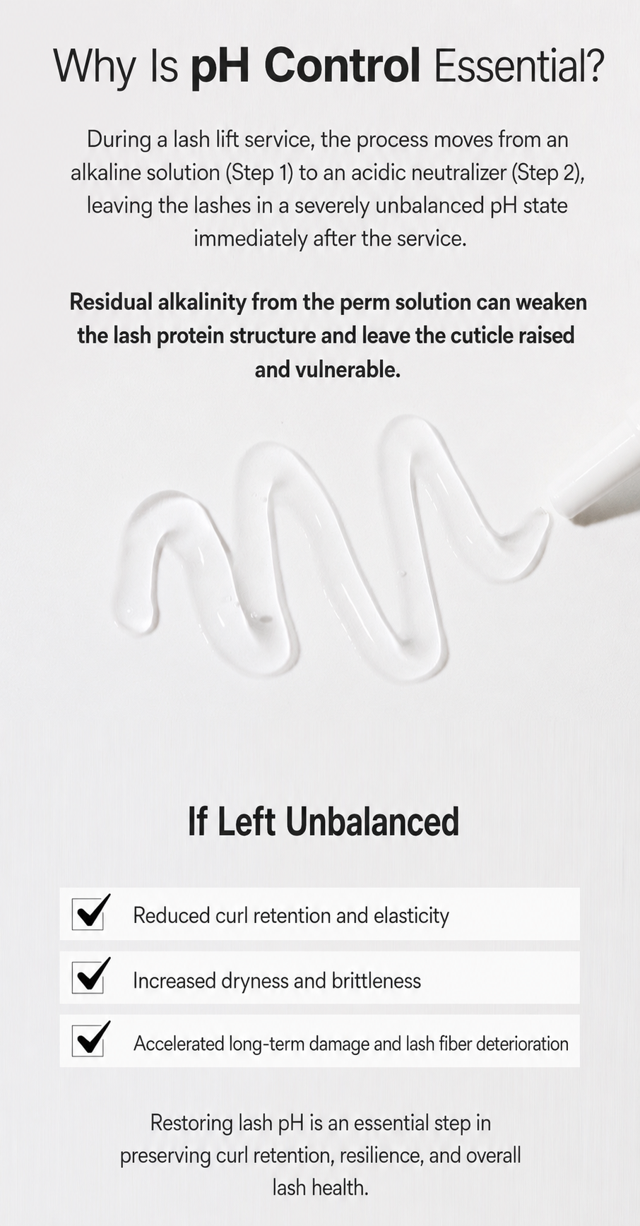 LASH FACTORY pH CONTROL infographic explaining why pH control is essential for lash perm aftercare, curl retention, and lash health