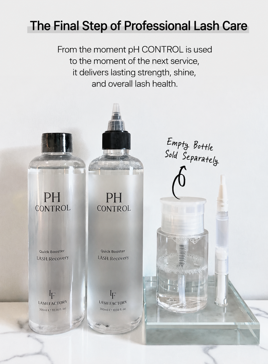 LASH FACTORY pH CONTROL 300ml professional lash pH recovery solution hero image with three bottles for salon lash care