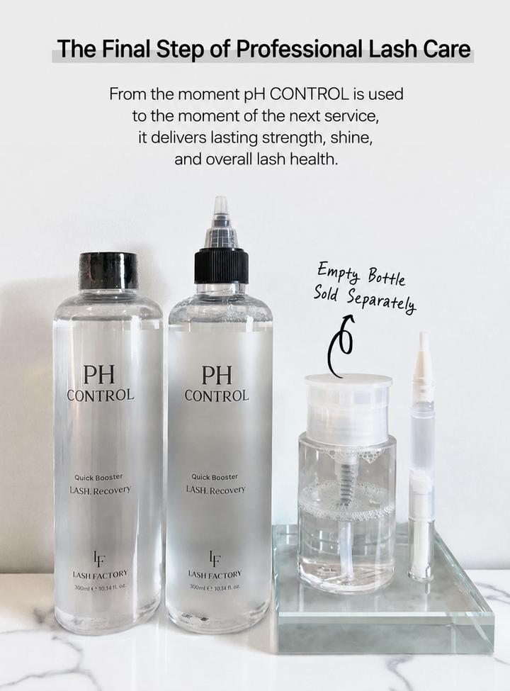 LASH FACTORY pH CONTROL 300ml professional lash pH recovery solution hero image with three bottles for salon lash care