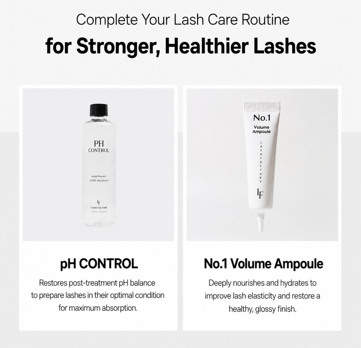 LASH FACTORY pH CONTROL and No.1 Volume Ampoule routine image for professional lash recovery, hydration, elasticity, and shine