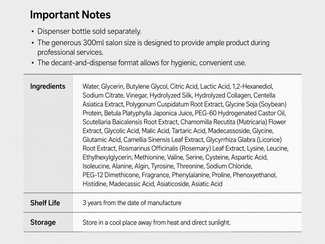 LASH FACTORY pH CONTROL product information image with important notes, full ingredients list, shelf life, and storage instructions