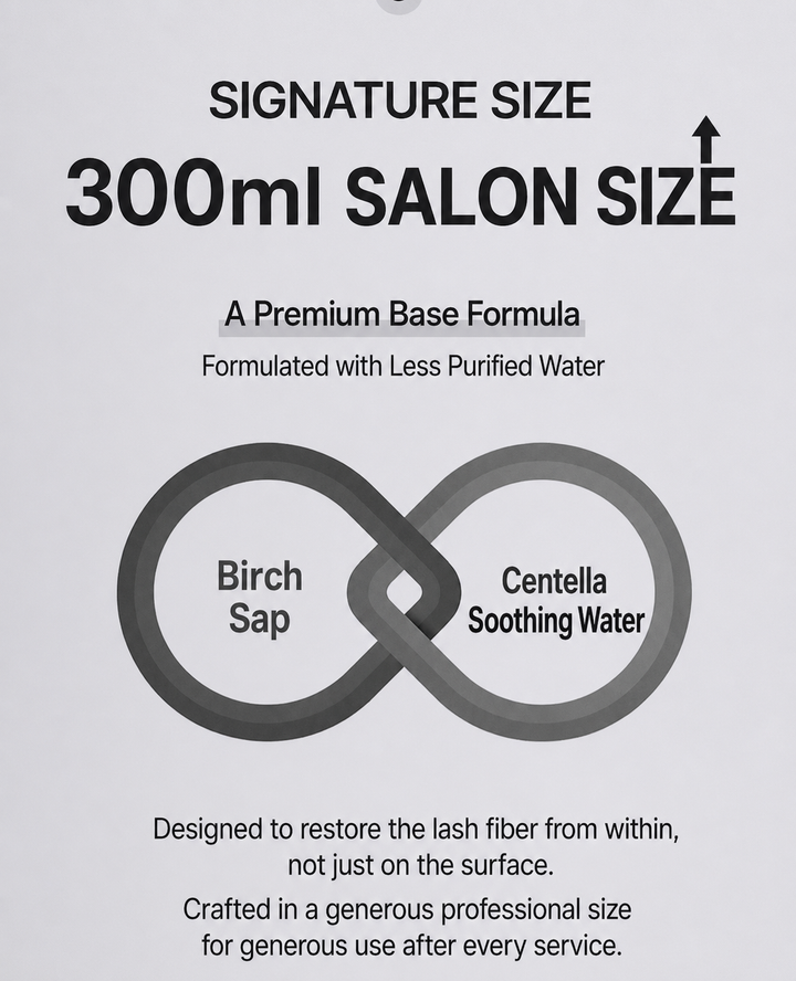 LASH FACTORY pH CONTROL 300ml salon size infographic featuring birch sap and centella soothing water in a premium base formula