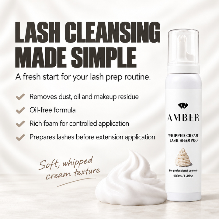 Amber Lash white lash shampoo bottle beside whipped foam, with oil-free cleansing and controlled application features.
