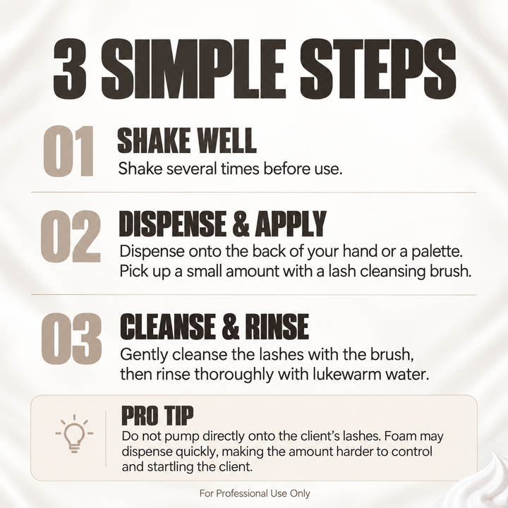 Three-step lash shampoo guide: shake well, dispense onto a hand or palette, then brush-cleanse and rinse.