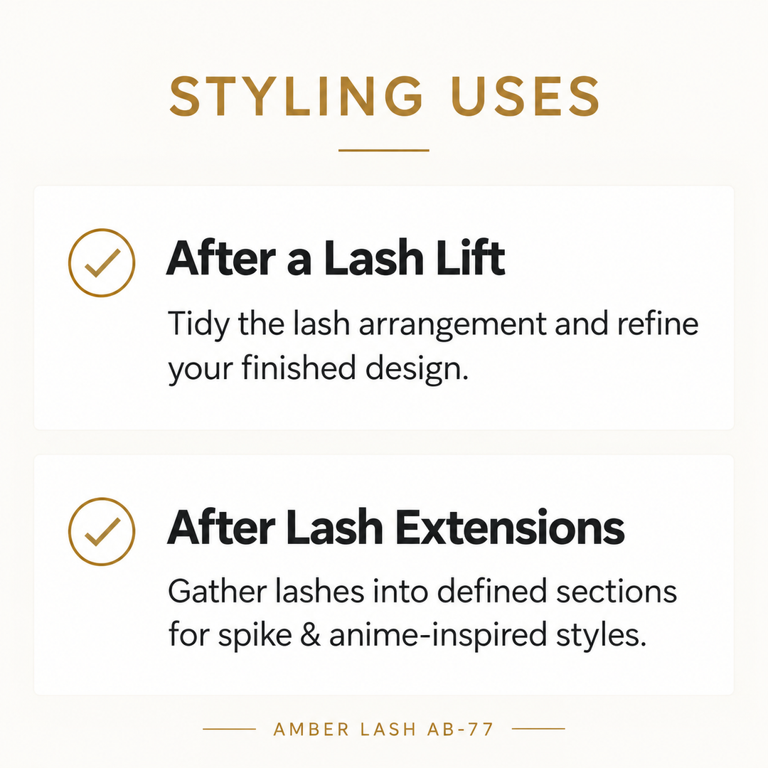 Amber Lash AB-77 styling uses: lash lift finishing and spike or anime-inspired styling after lash extensions.
