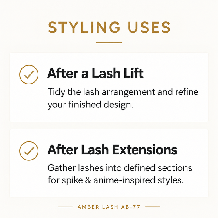 Amber Lash AB-77 styling uses: lash lift finishing and spike or anime-inspired styling after lash extensions.