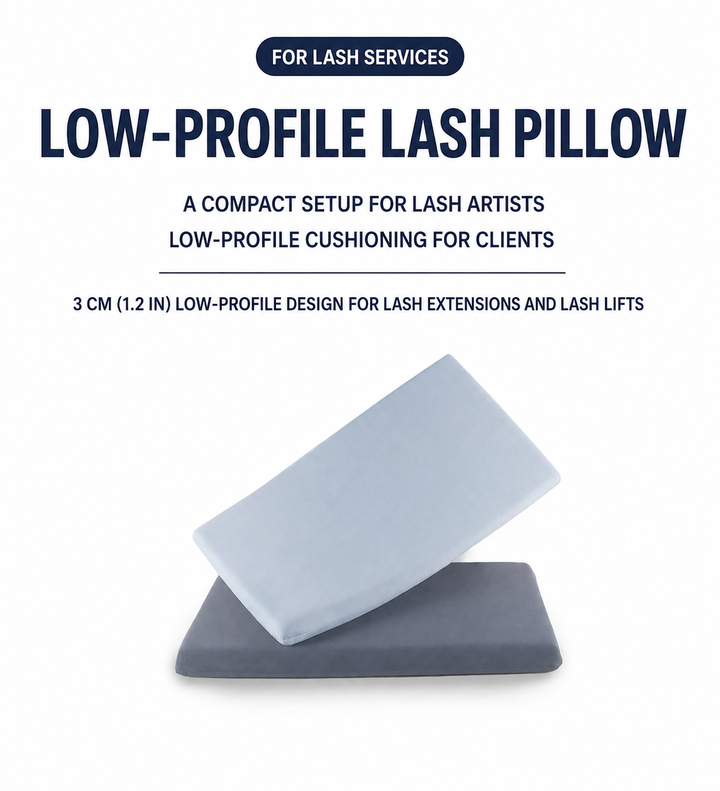 Light blue and dark gray low-profile lash pillows for eyelash extension and lash lift service setups.
