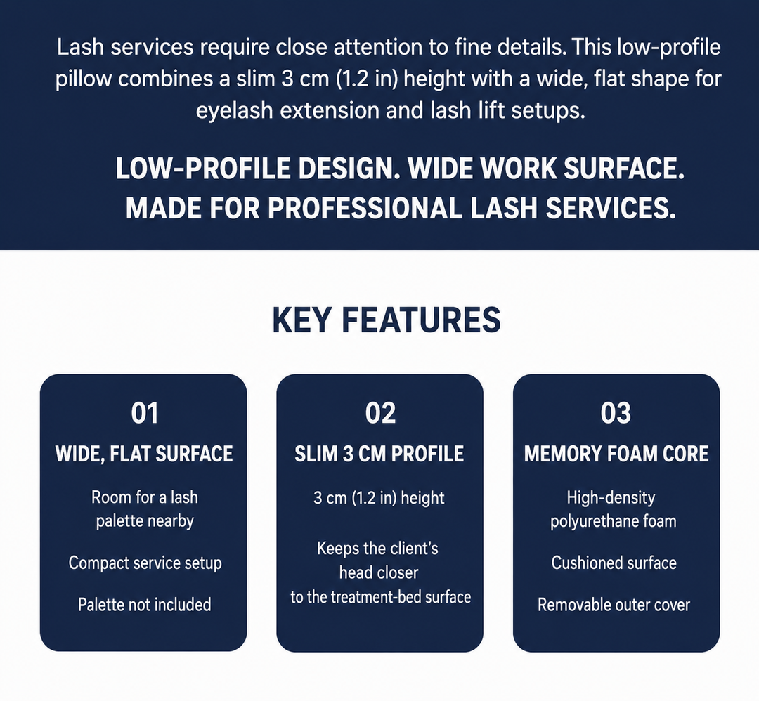 Feature infographic for a low-profile lash pillow with a wide, flat surface, 3 cm height, and memory foam core.
