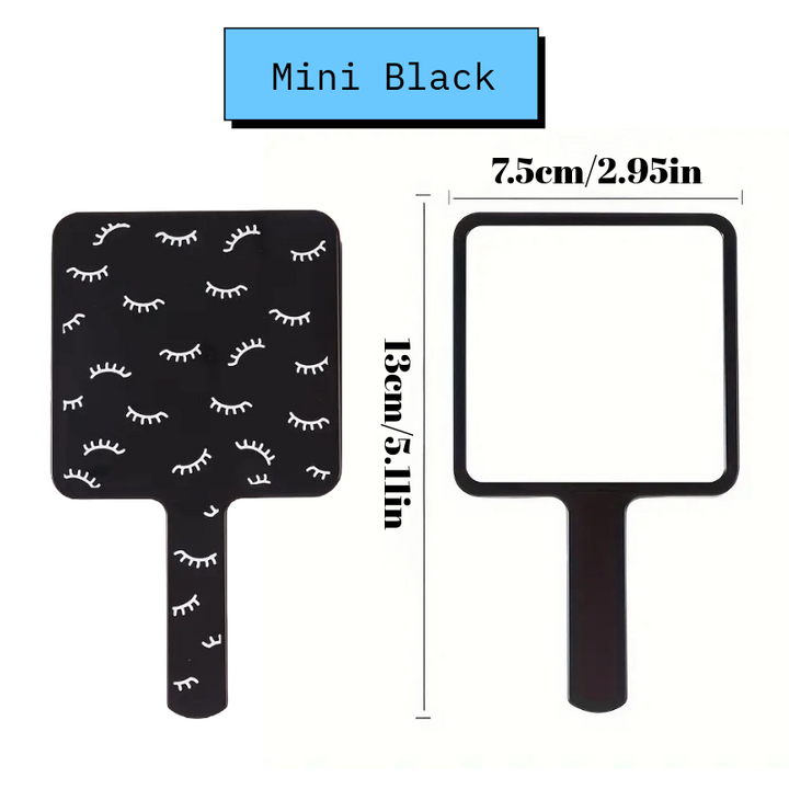 Black hand mirror with eyelash pattern and measurements on a white background