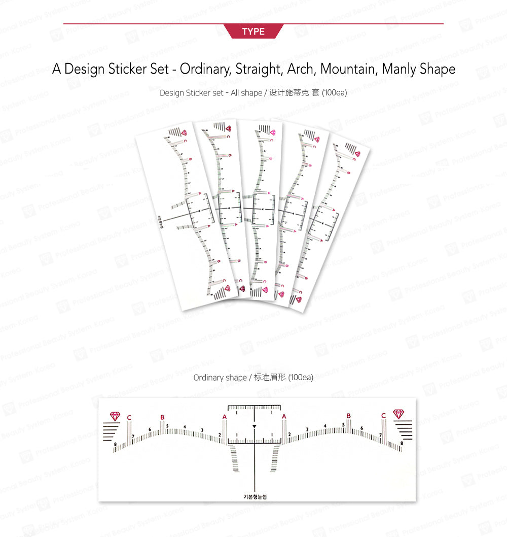 PMU eyebrow ruler stickers – Ordinary, Straight, Arch, Mountain, and Male brow shapes