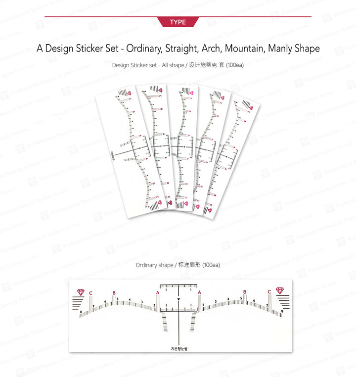 PMU eyebrow ruler stickers – Ordinary, Straight, Arch, Mountain, and Male brow shapes