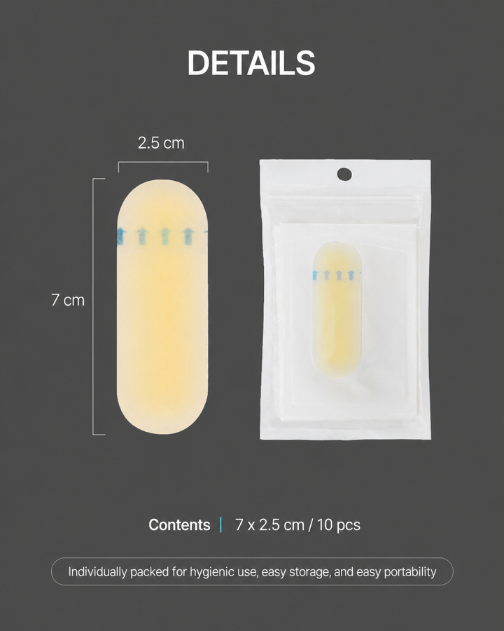 Silicone brow practice strip size details — 7 x 2.5 cm peel & stick PMU practice skin, individually packed (10 pcs)