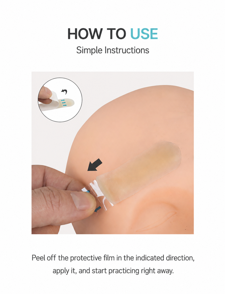 How to use peel & stick silicone practice skin — remove protective film and apply for PMU brow