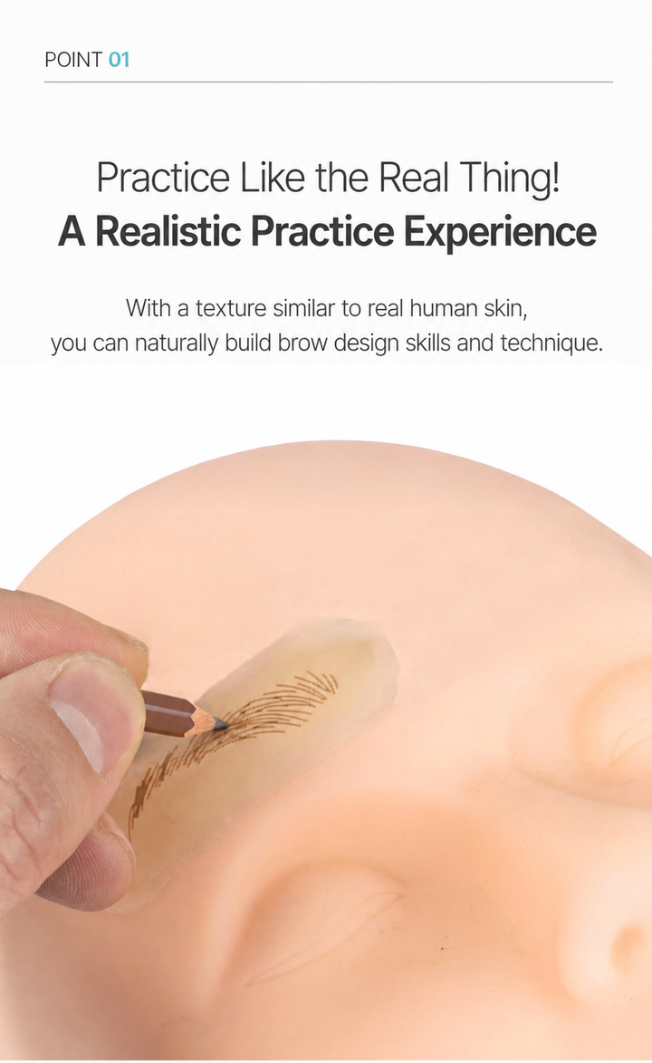 Realistic PMU brow practice on silicone practice skin — skin-like texture for microblading stroke training and brow design practice