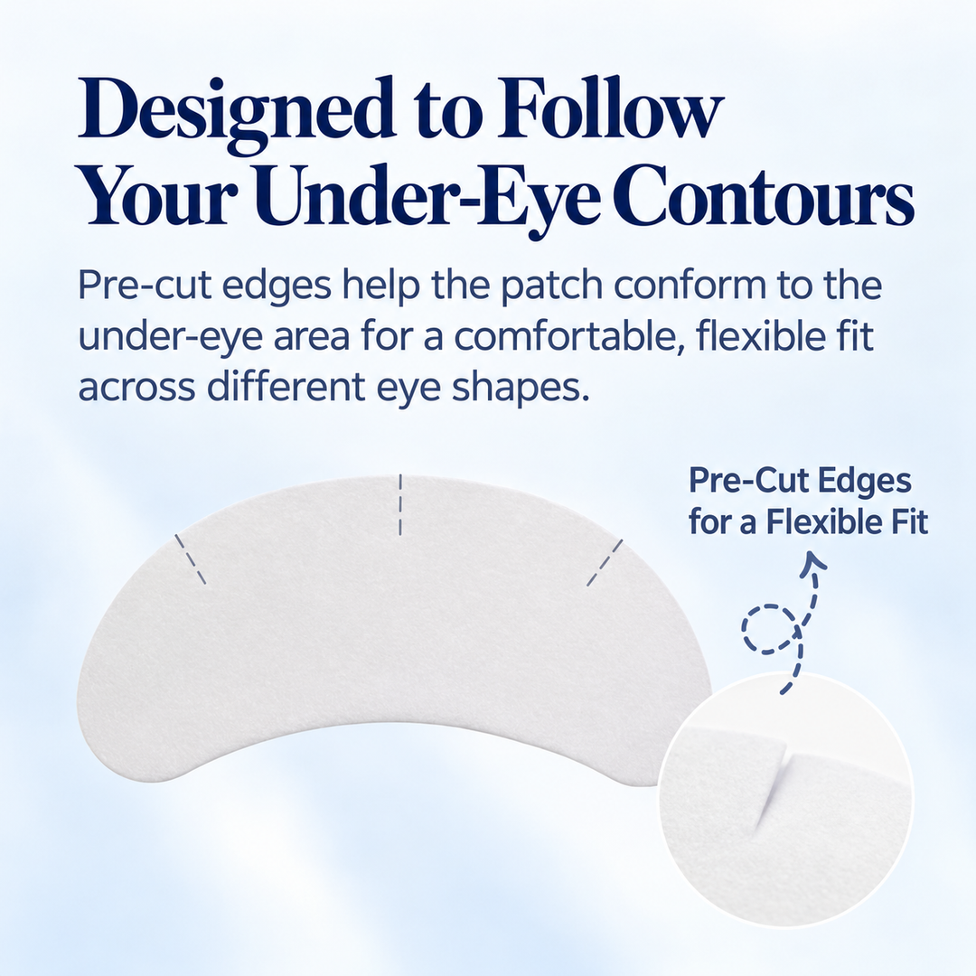 White Magic Eye Patch with three marked edge cuts and a magnified view of a cut for a flexible under-eye fit.