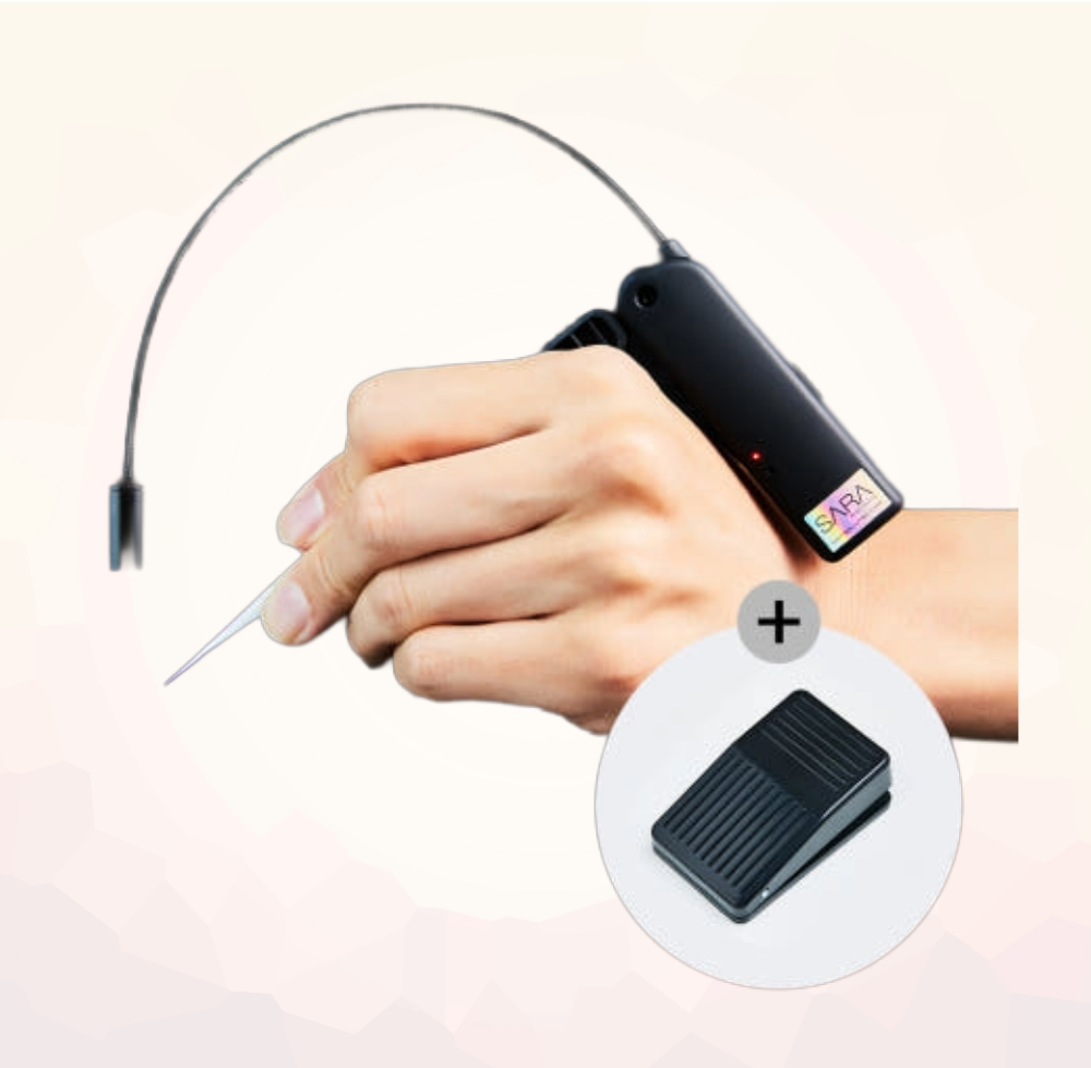 Cordless LED lash extension lamp, SARA Black Edition, shown with clip-on tweezer attachment and foot switch.