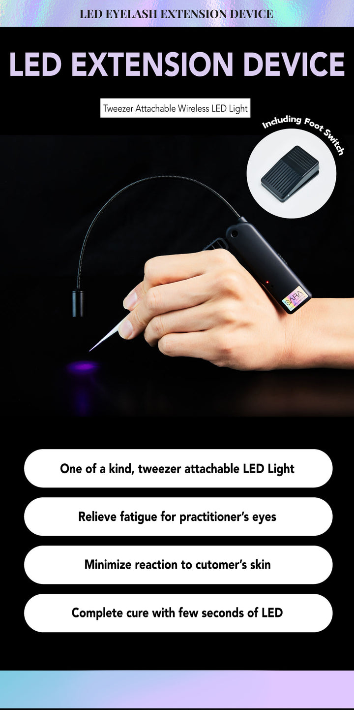 Demonstration of the LED lash lamp clipped onto tweezers for precise curing